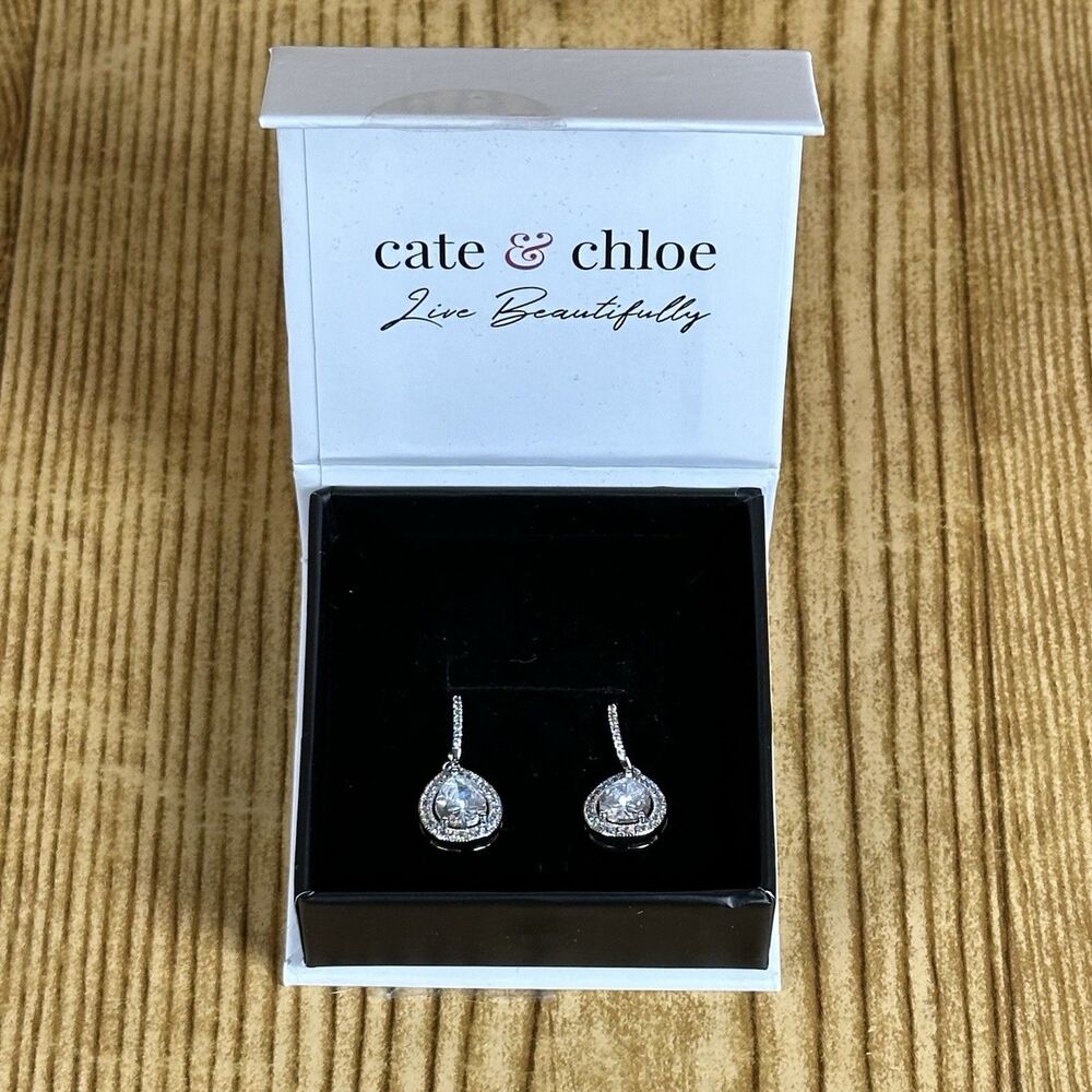 Cate & Chloe Isabel‎ 18k Plated White Gold Teardrop Halo Dangle Earrings